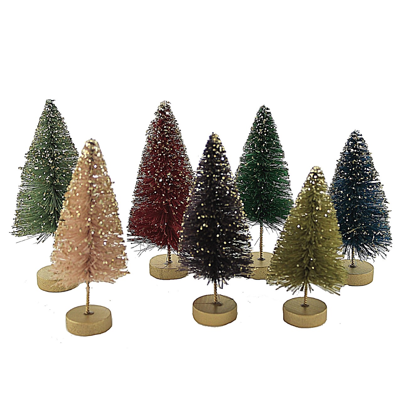 Bethany Lowe 4.25 In Jewel-Tone Mini Bottle Brush Christmas Decorative Tree Set , Christmas Decor Trees Glittered Gold